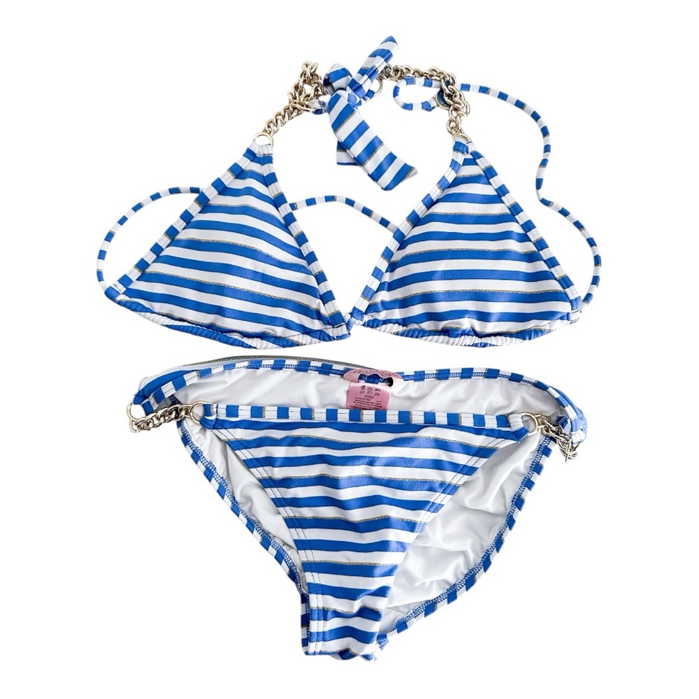 Juicy Couture Striped Blue White with Gold Chain Y2K Bikini Set Women’s Large